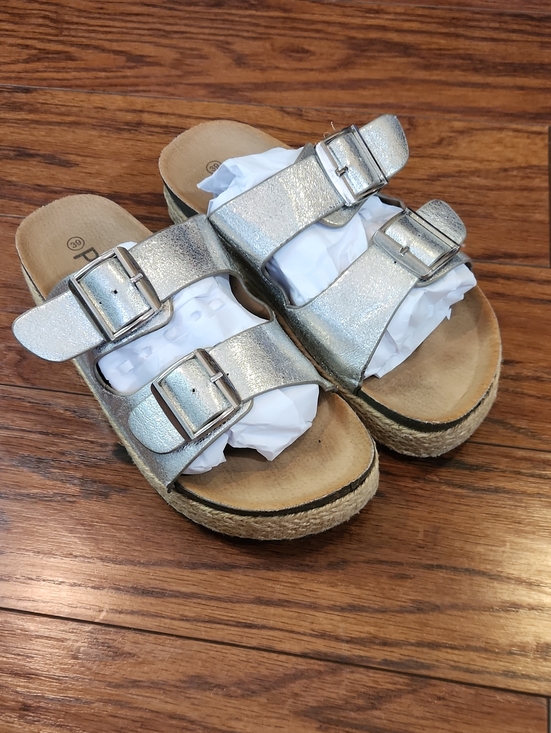 P & L Shoes - P & L Silver Metallic Double Buckle Platform Slip On Sandals